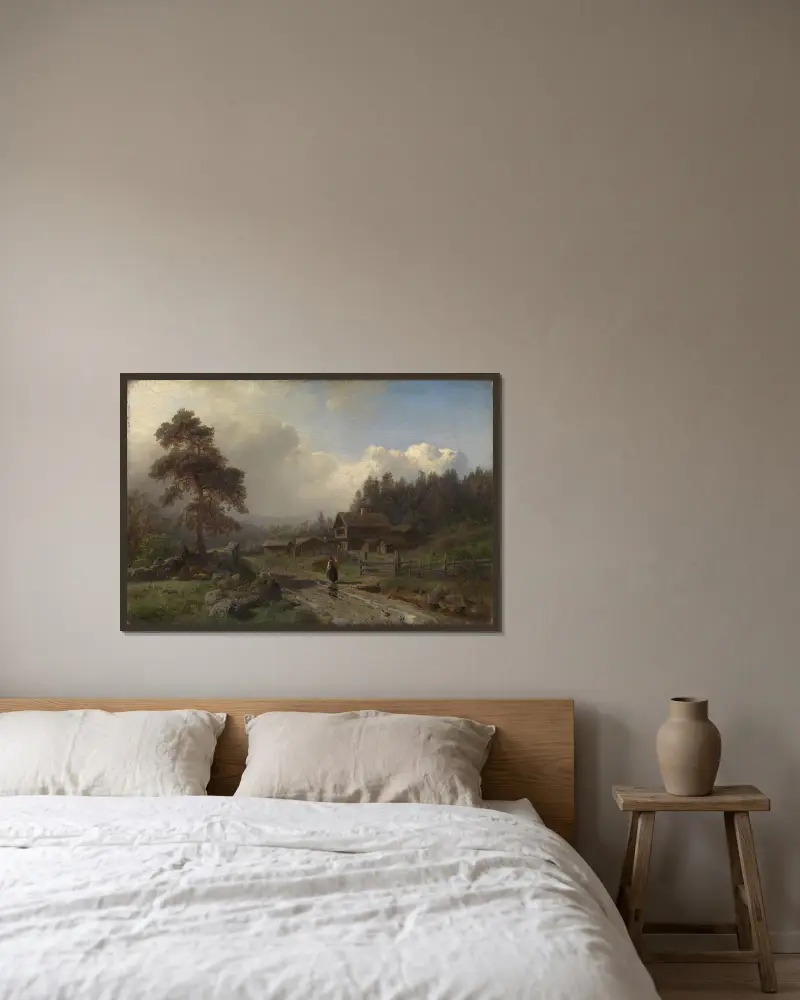 Norwegian Landscape in Rain av Hans Gude inramad på en vägg