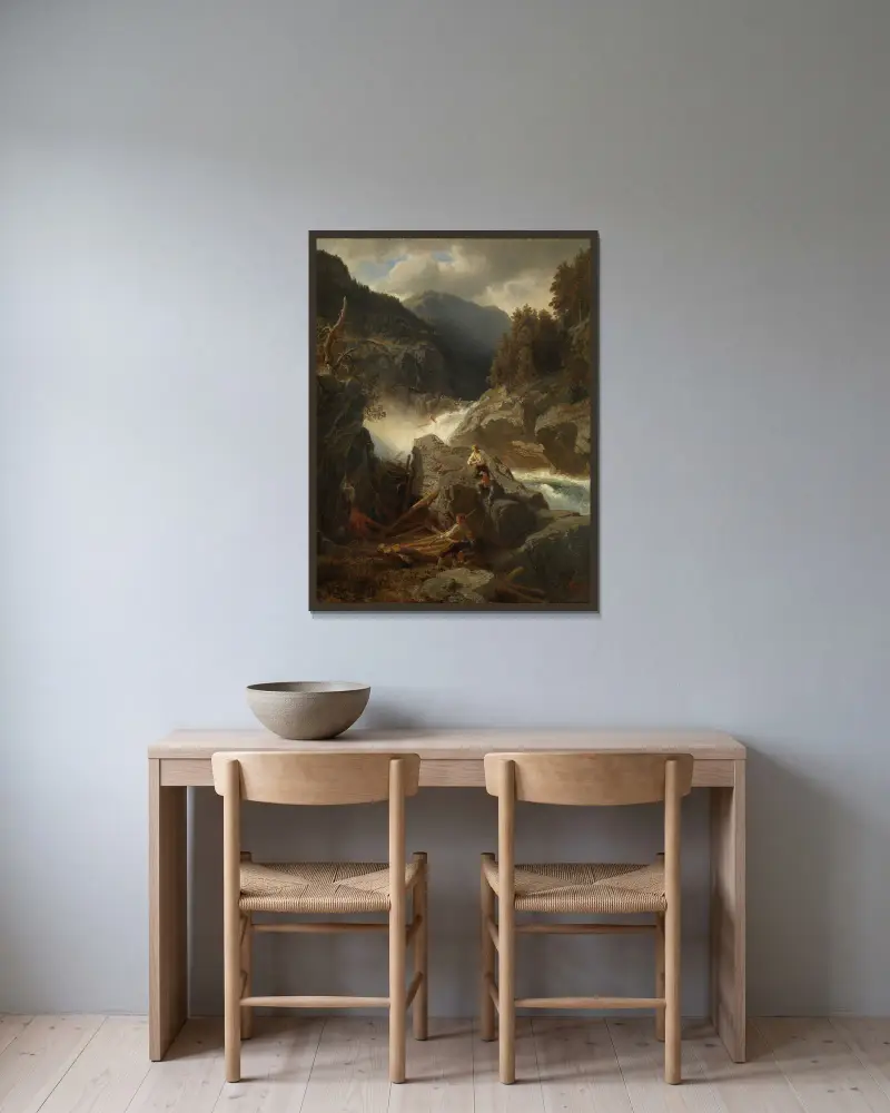 Wodospad w Hallingdal, Hans Gude w ramie na ścianie