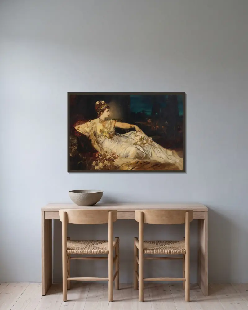 Charlotte Wolter som Messalina av Hans Makart inramad på en vägg