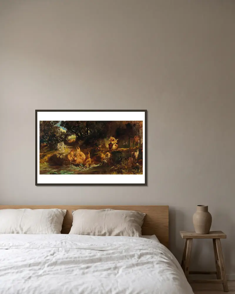 Die Nixen und der Tiger von Hans Makart gerahmt an einer Wand