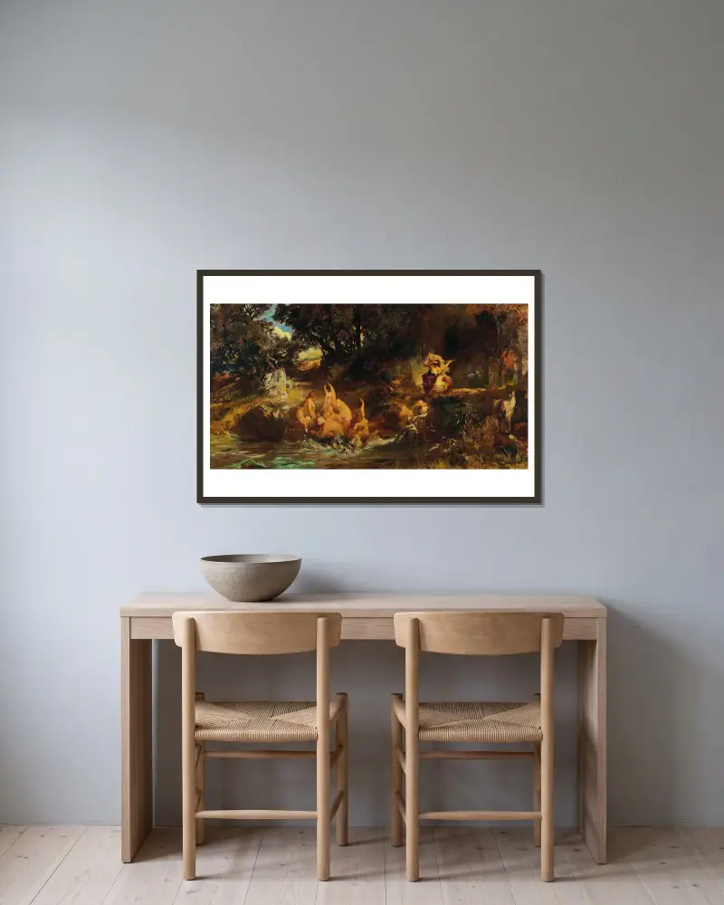 Die Nixen und der Tiger von Hans Makart gerahmt an einer Wand