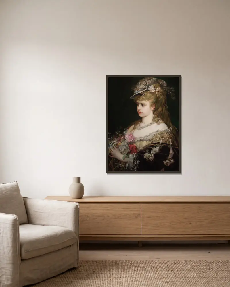 Flora. Porträtt av en flicka i hatt av Hans Makart inramad på en vägg