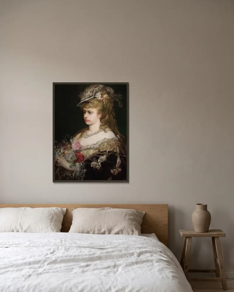 Flora. Porträtt av en flicka i hatt av Hans Makart inramad på en vägg