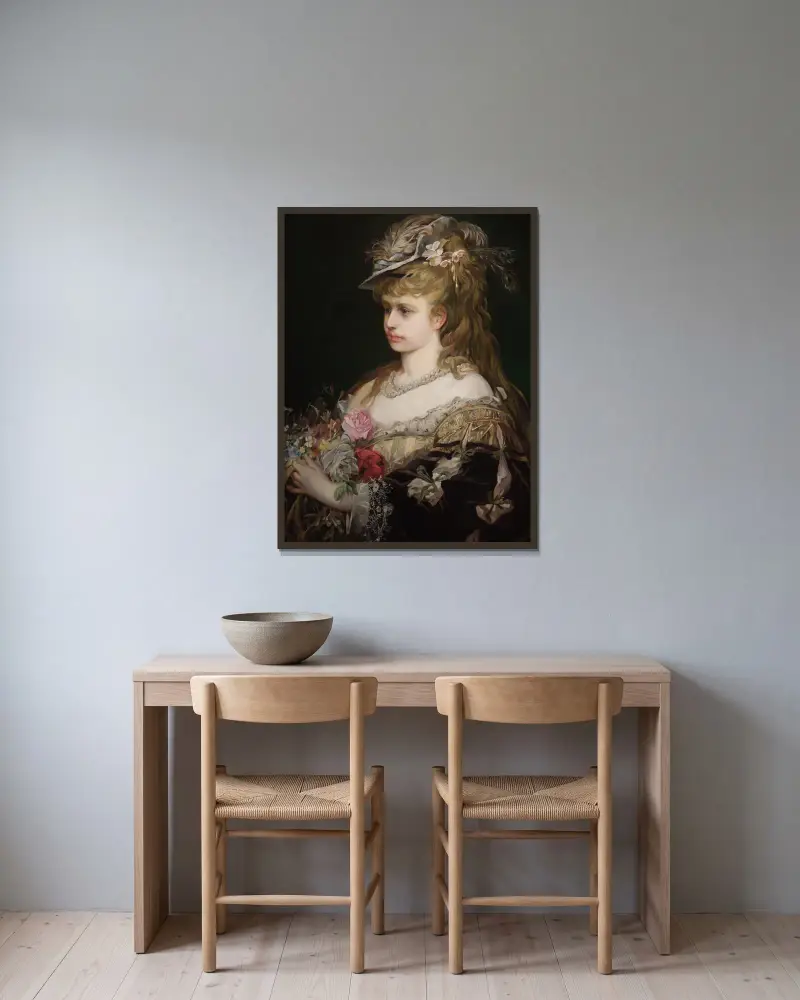 Flora. Porträtt av en flicka i hatt av Hans Makart inramad på en vägg