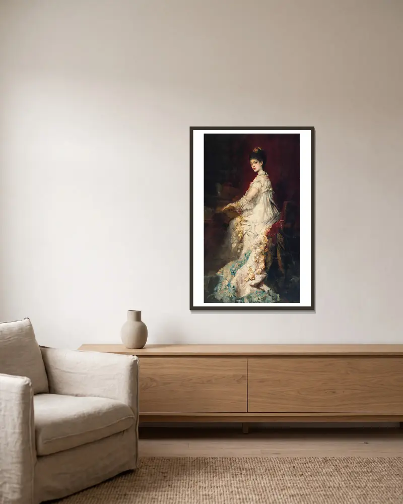 Porträtt av Maria, grevinna von Dönhoff av Hans Makart inramad på en vägg