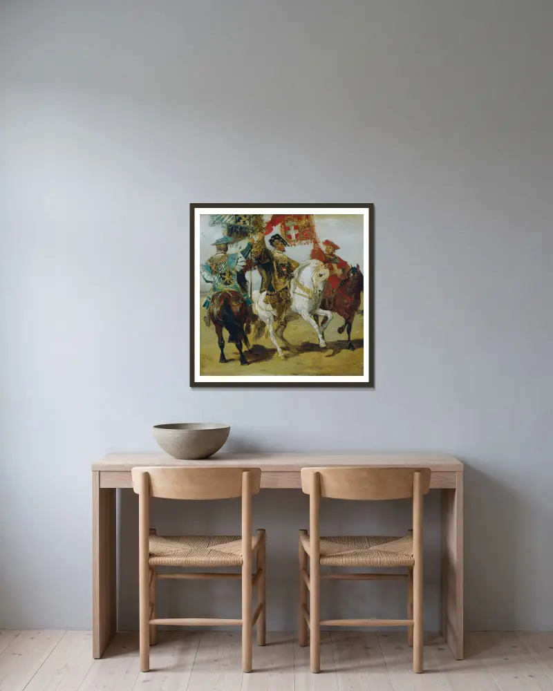 Three Mounted Standard Bearers av Hans Makart inramad på en vägg