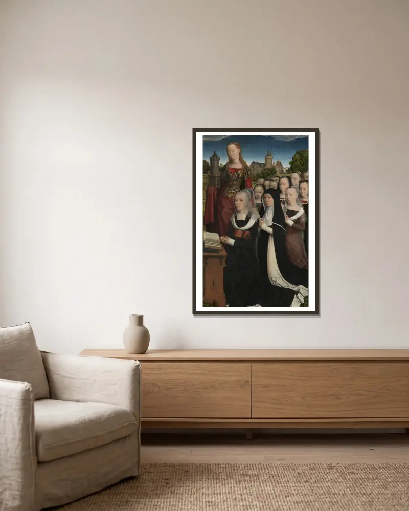 Barbara van Vlaenderbergh mit ihren Töchtern und Schutzheiligen von Hans Memling gerahmt an einer Wand