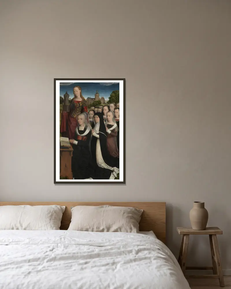 Barbara van Vlaenderbergh mit ihren Töchtern und Schutzheiligen von Hans Memling gerahmt an einer Wand