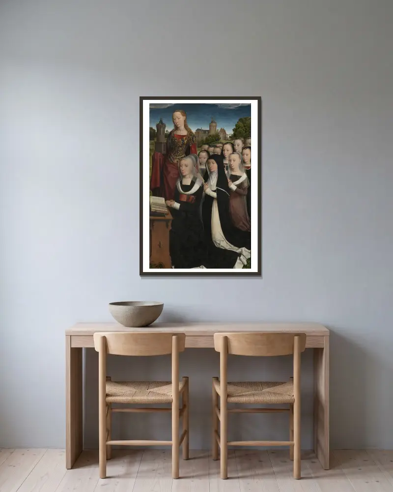 Barbara van Vlaenderbergh mit ihren Töchtern und Schutzheiligen von Hans Memling gerahmt an einer Wand
