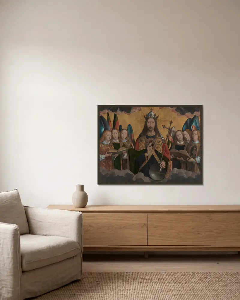 Gud Fadern med sjungande änglar av Hans Memling inramad på en vägg