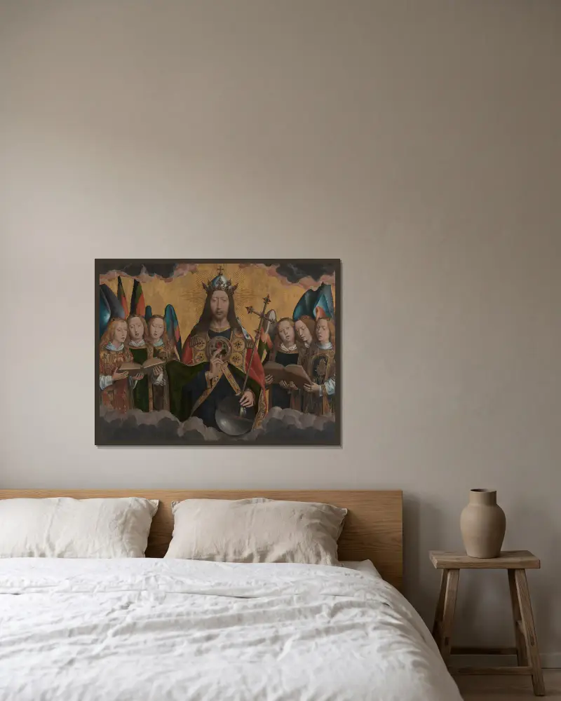 Gud Fadern med sjungande änglar av Hans Memling inramad på en vägg