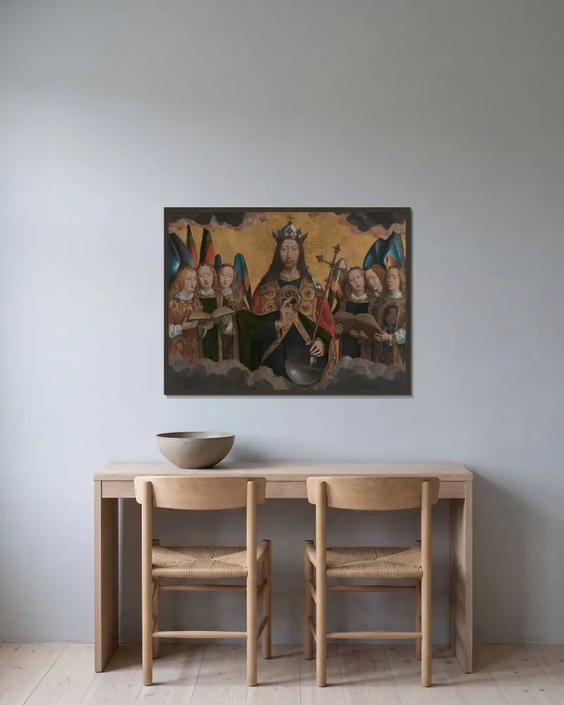 Gud Fadern med sjungande änglar av Hans Memling inramad på en vägg