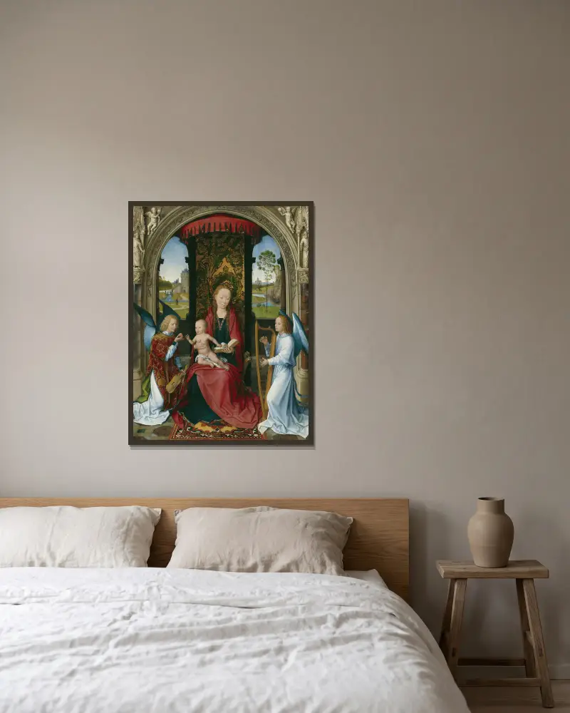 Madonnan med barnet och änglar av Hans Memling inramad på en vägg