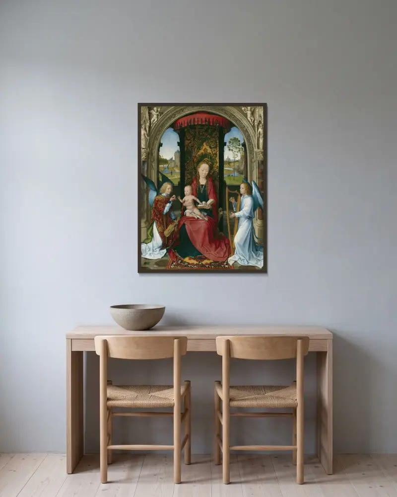 Madonnan med barnet och änglar av Hans Memling inramad på en vägg