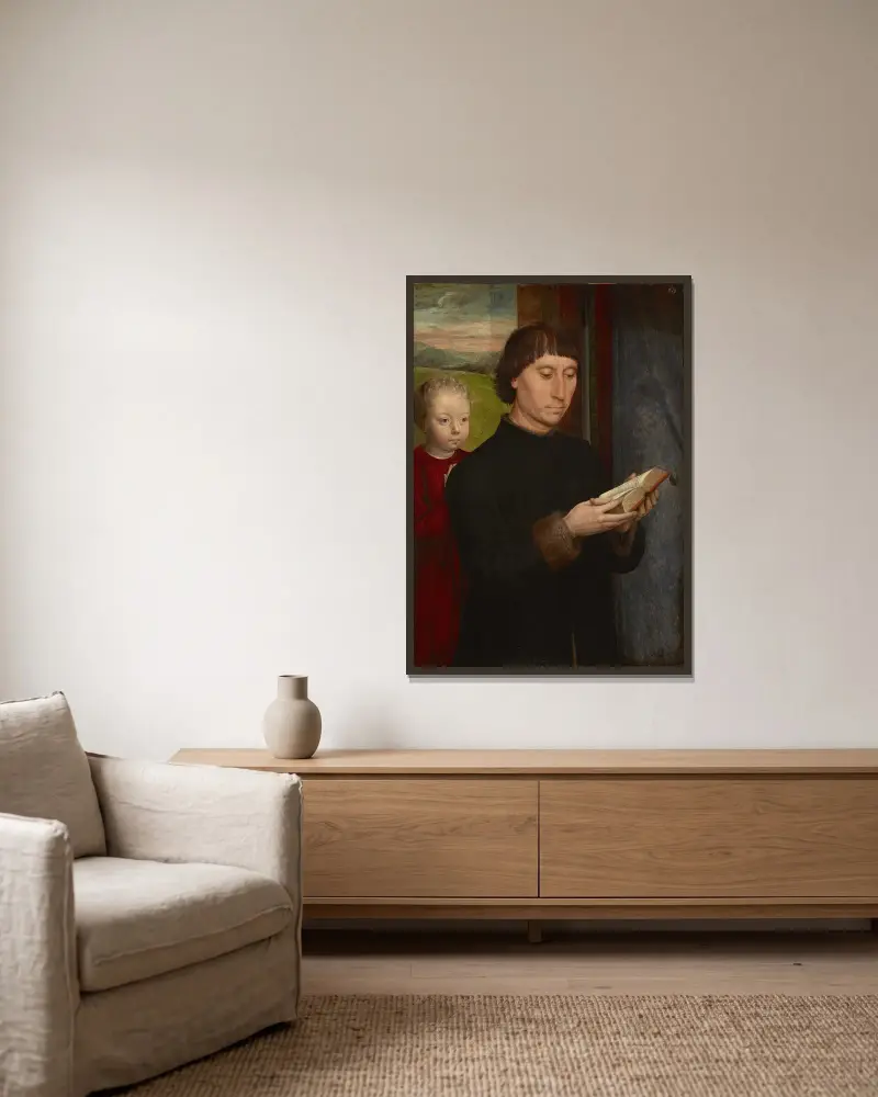 Porträtt av en läsande man av Hans Memling inramad på en vägg