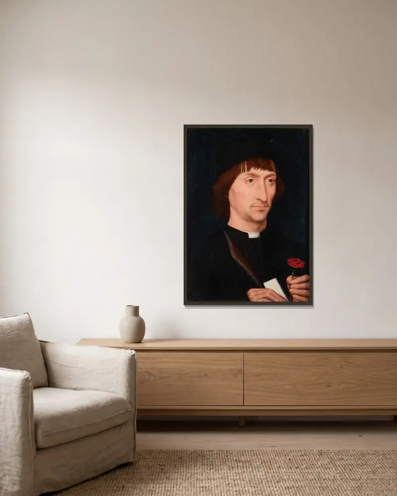 Portret mężczyzny z goździkiem, Hans Memling w ramie na ścianie