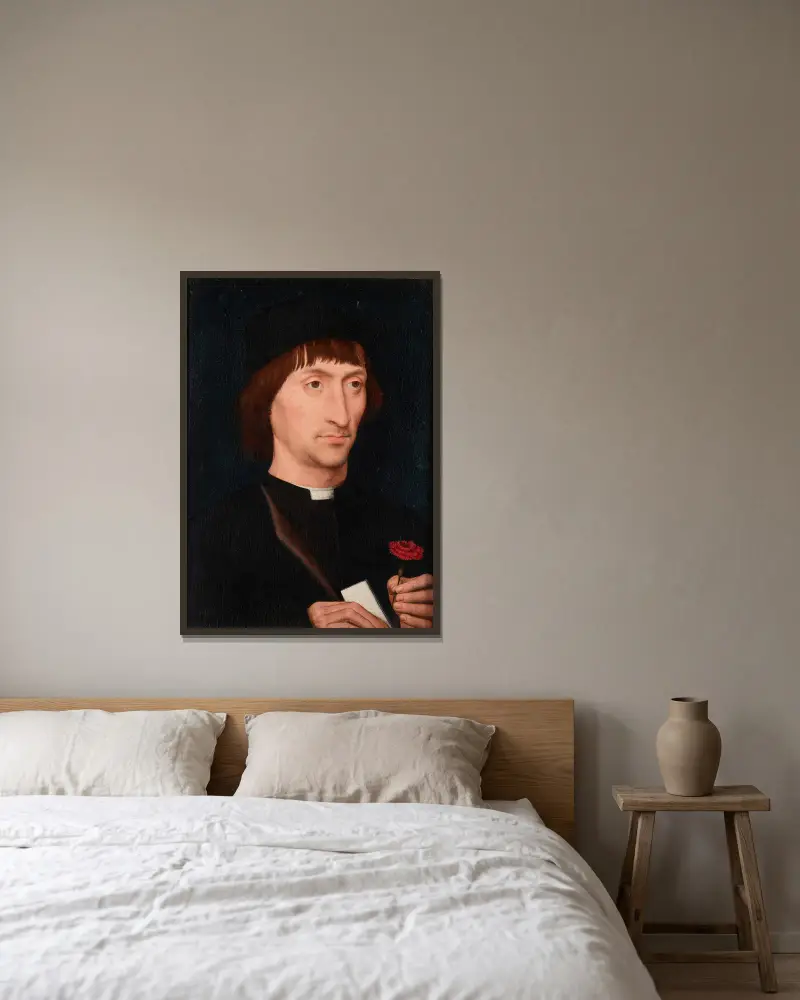 Portret mężczyzny z goździkiem, Hans Memling w ramie na ścianie