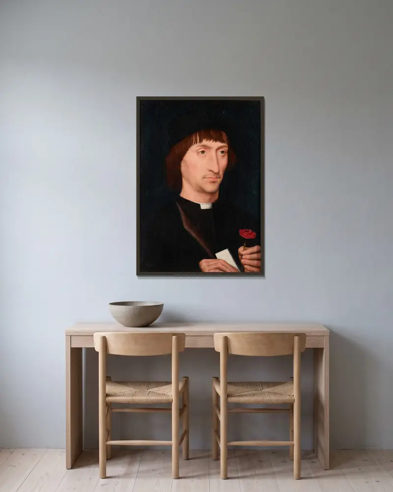 Portret mężczyzny z goździkiem, Hans Memling w ramie na ścianie