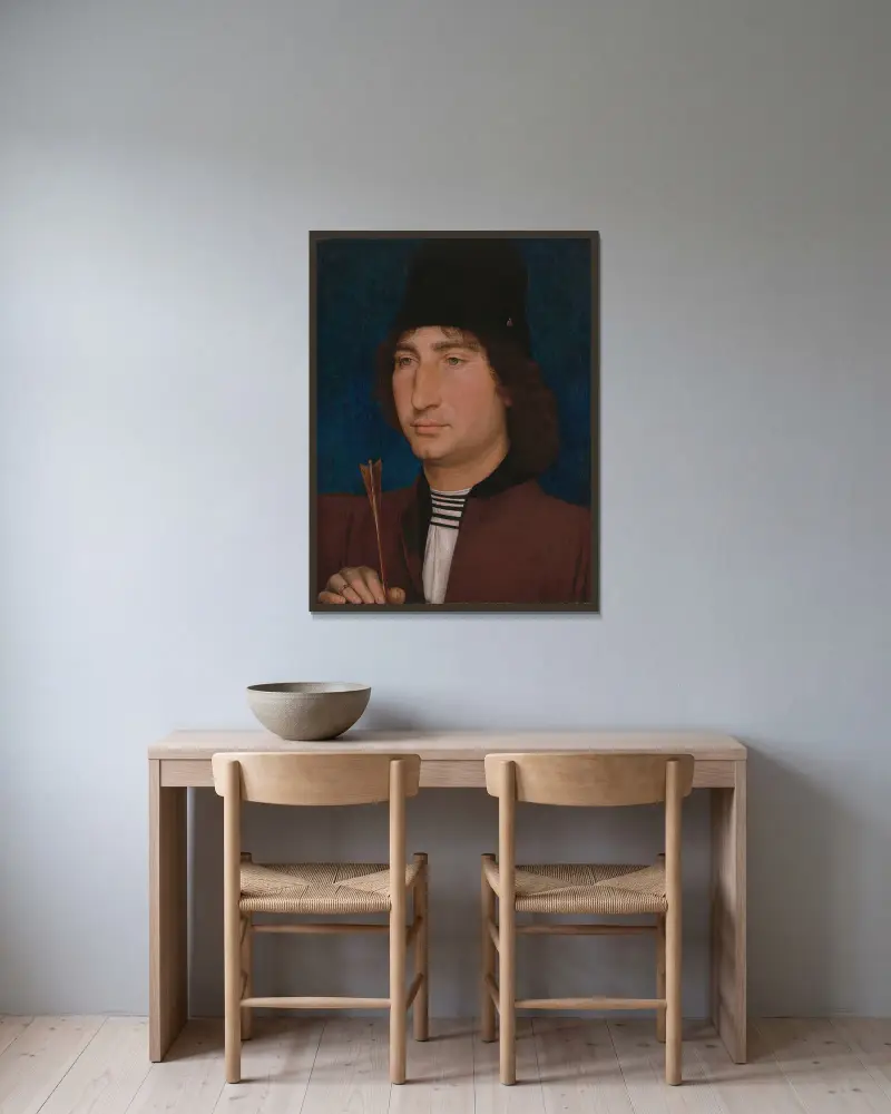 Porträtt av en man med pil av Hans Memling inramad på en vägg