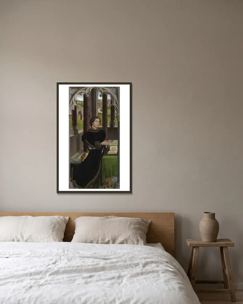 Porträtt av en medlem av familjen De Rojas av Hans Memling inramad på en vägg