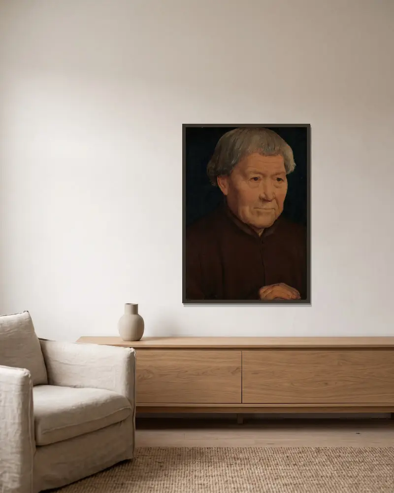 Porträtt av en gammal man av Hans Memling inramad på en vägg