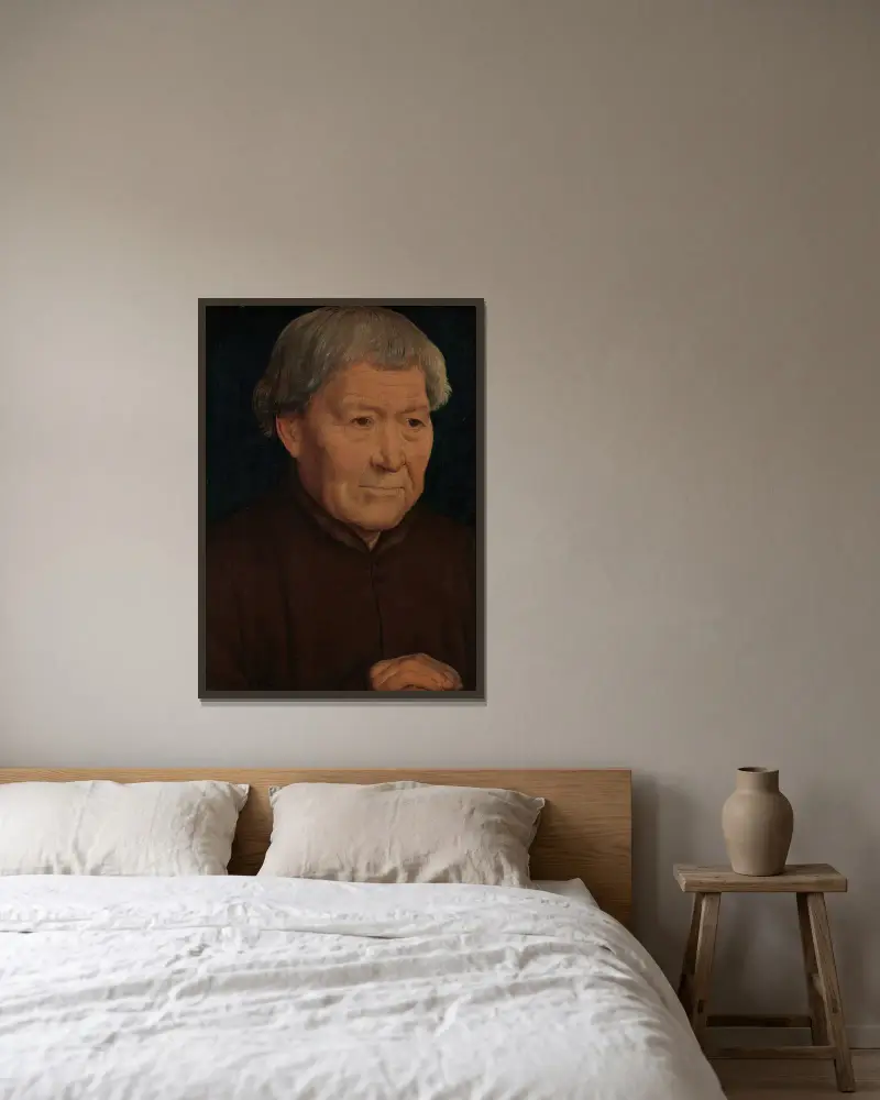 Porträtt av en gammal man av Hans Memling inramad på en vägg