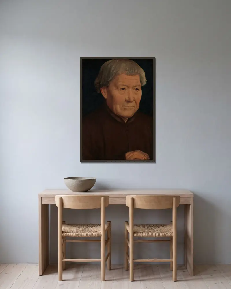 Porträtt av en gammal man av Hans Memling inramad på en vägg