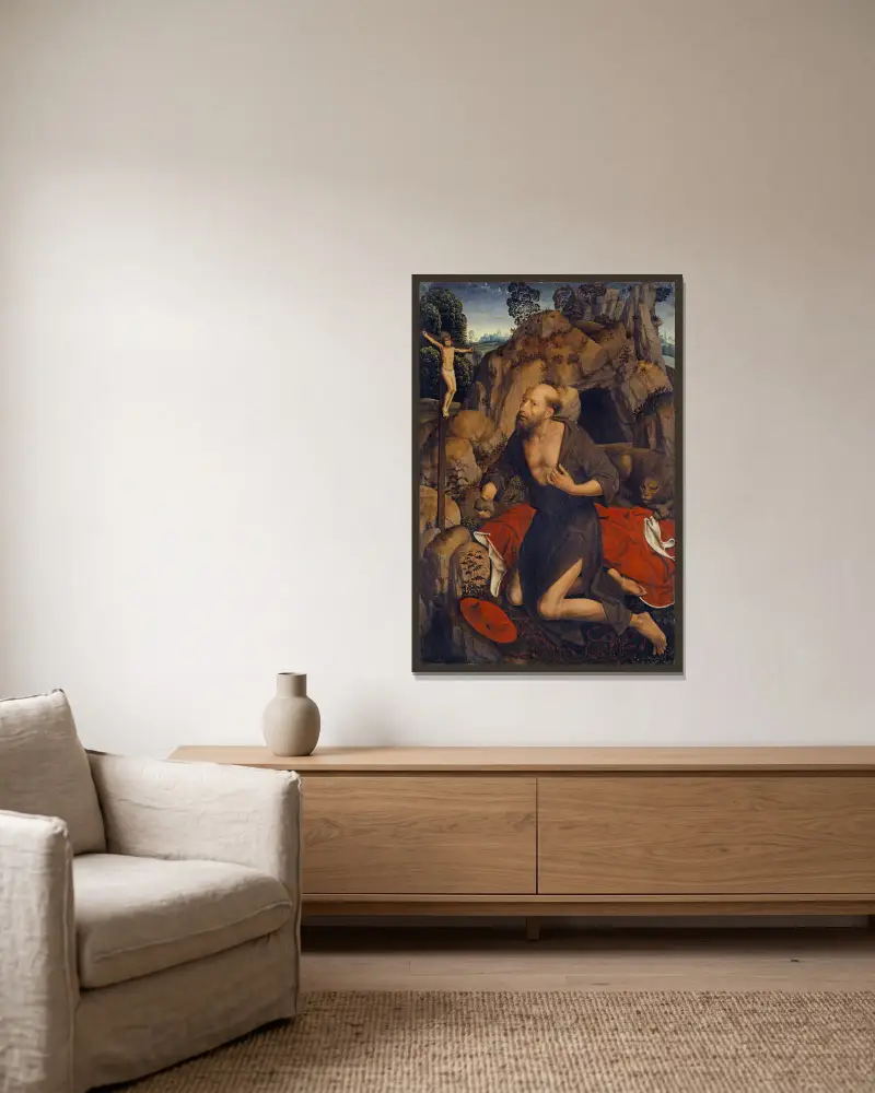 Die Buße des heiligen Hieronymus von Hans Memling gerahmt an einer Wand
