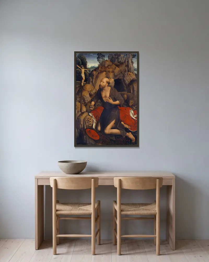 Die Buße des heiligen Hieronymus von Hans Memling gerahmt an einer Wand