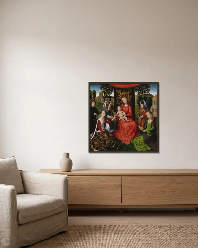 Madonna mit Kind und den Heiligen Katharina von Alexandria und Barbara von Hans Memling gerahmt an einer Wand