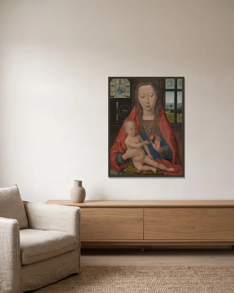 Jungfru Maria med Jesusbarnet av Hans Memling inramad på en vägg