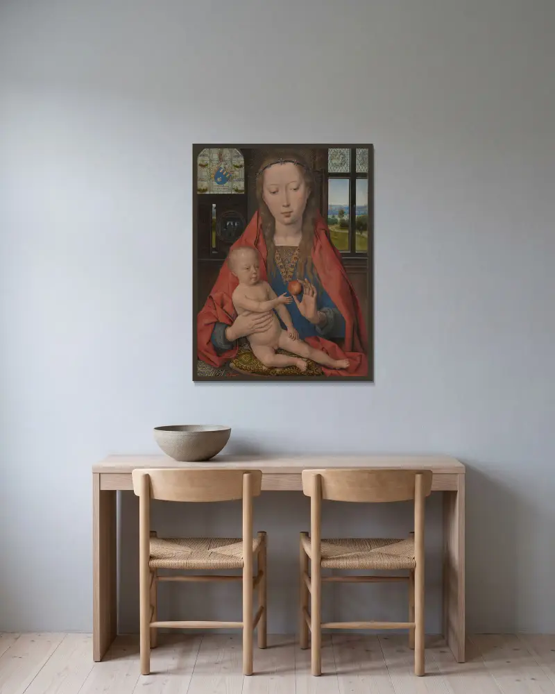 Jungfru Maria med Jesusbarnet av Hans Memling inramad på en vägg