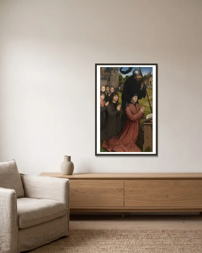 Willem Moreel med sina söner och skyddshelgon av Hans Memling inramad på en vägg