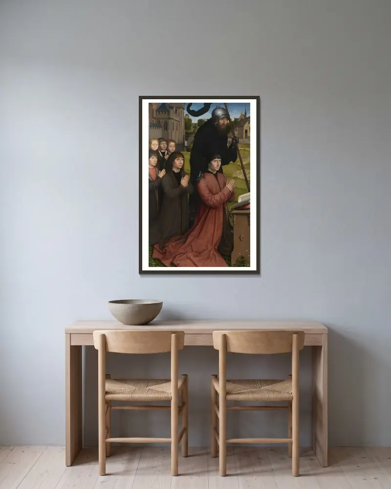 Willem Moreel med sina söner och skyddshelgon av Hans Memling inramad på en vägg