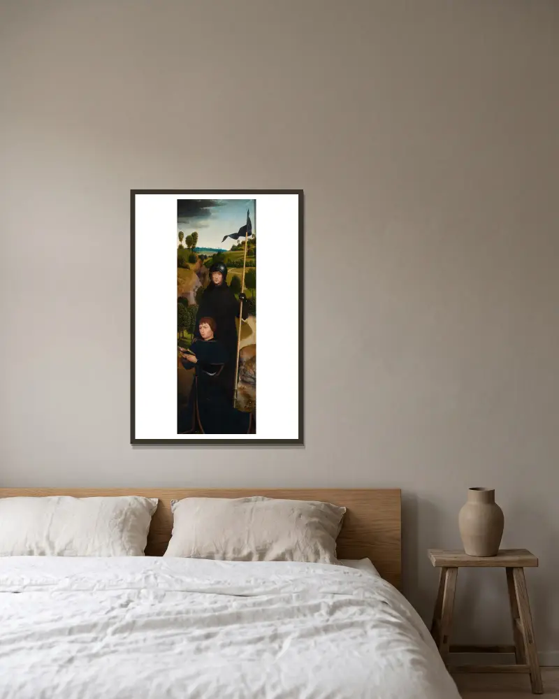 Junger Mann im Gebet mit dem heiligen Wilhelm von Maleval von Hans Memling gerahmt an einer Wand