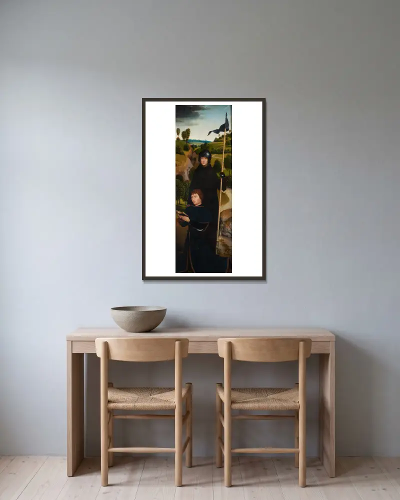 Junger Mann im Gebet mit dem heiligen Wilhelm von Maleval von Hans Memling gerahmt an einer Wand