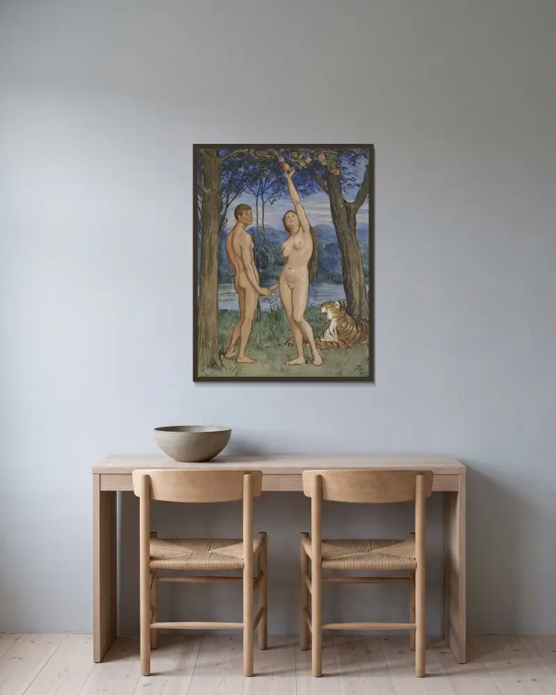 Adam and Eve av Hans Thoma inramad på en vägg