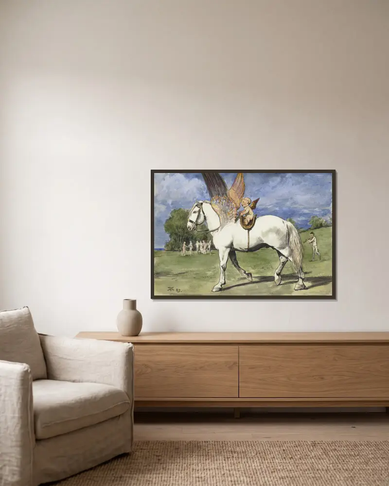 Cherub on Pegasus av Hans Thoma inramad på en vägg