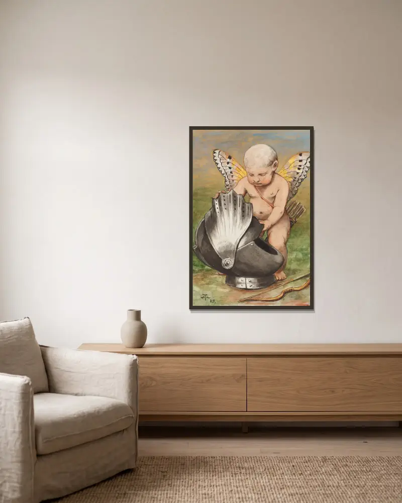 Kerub mit Helm von Hans Thoma gerahmt an einer Wand