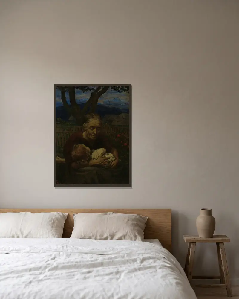 Mor och barn i en trädgård av Hans Thoma inramad på en vägg