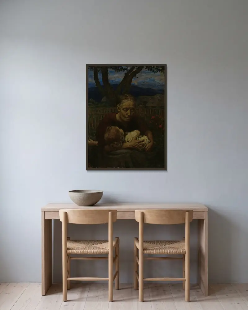 Mor och barn i en trädgård av Hans Thoma inramad på en vägg