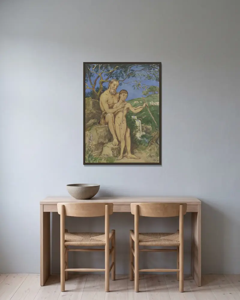 Old and young faun av Hans Thoma inramad på en vägg