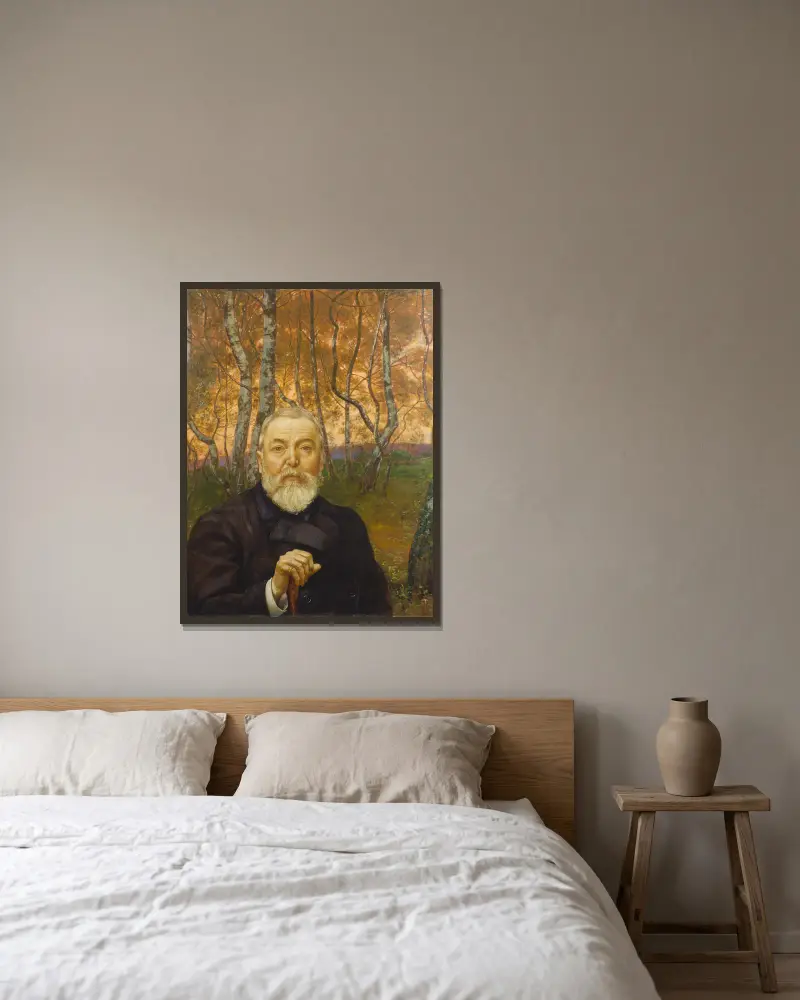 Självporträtt framför en björkskog av Hans Thoma inramad på en vägg