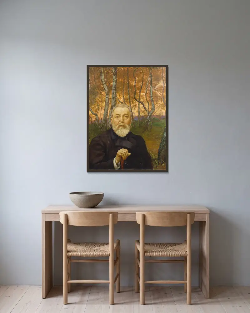 Självporträtt framför en björkskog av Hans Thoma inramad på en vägg