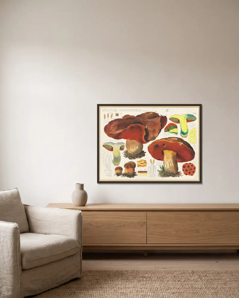 Boletus miniatoporus Secr. av Hans Walty inramad på en vägg