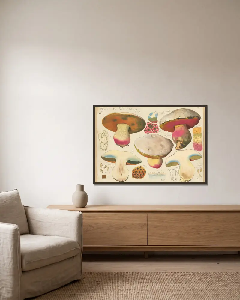 Boletus satanas Lenz. 2 von Hans Walty gerahmt an einer Wand