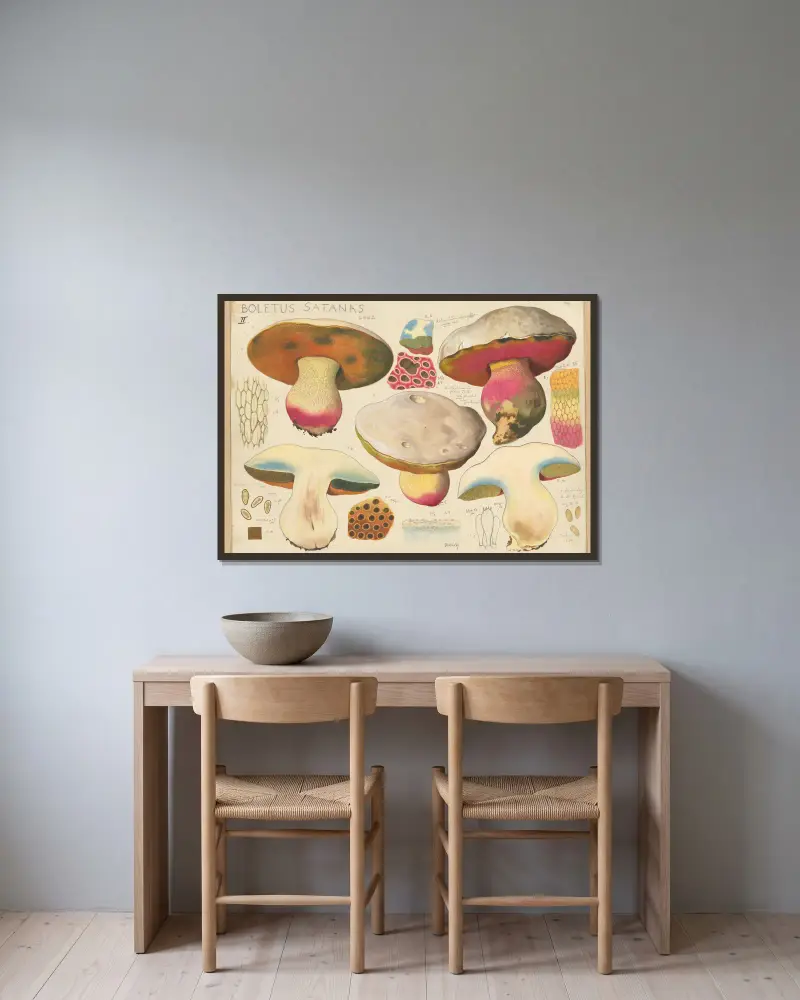 Boletus satanas Lenz. 2 von Hans Walty gerahmt an einer Wand