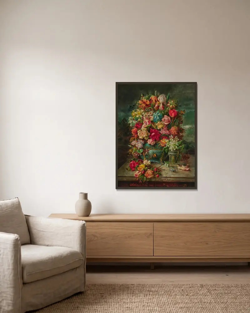 En stor blombukett med liljekonvalj i vas av Hans Zatzka inramad på en vägg
