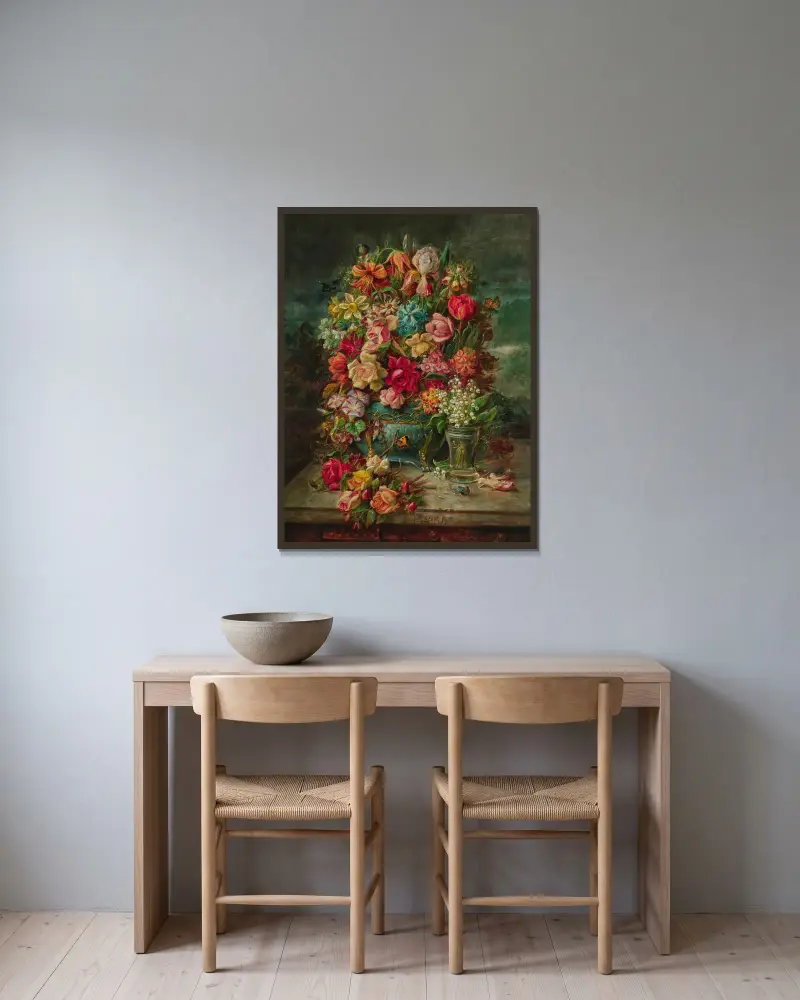 En stor blombukett med liljekonvalj i vas av Hans Zatzka inramad på en vägg