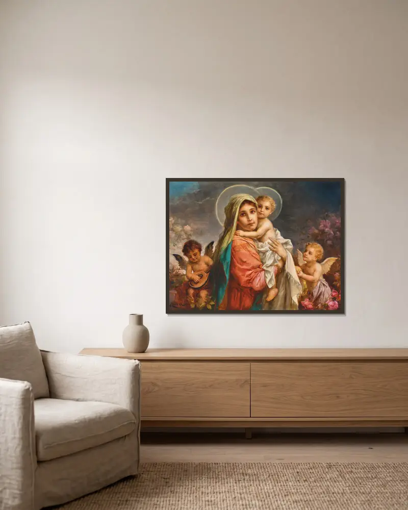 Madonnan med barnet och putti av Hans Zatzka inramad på en vägg